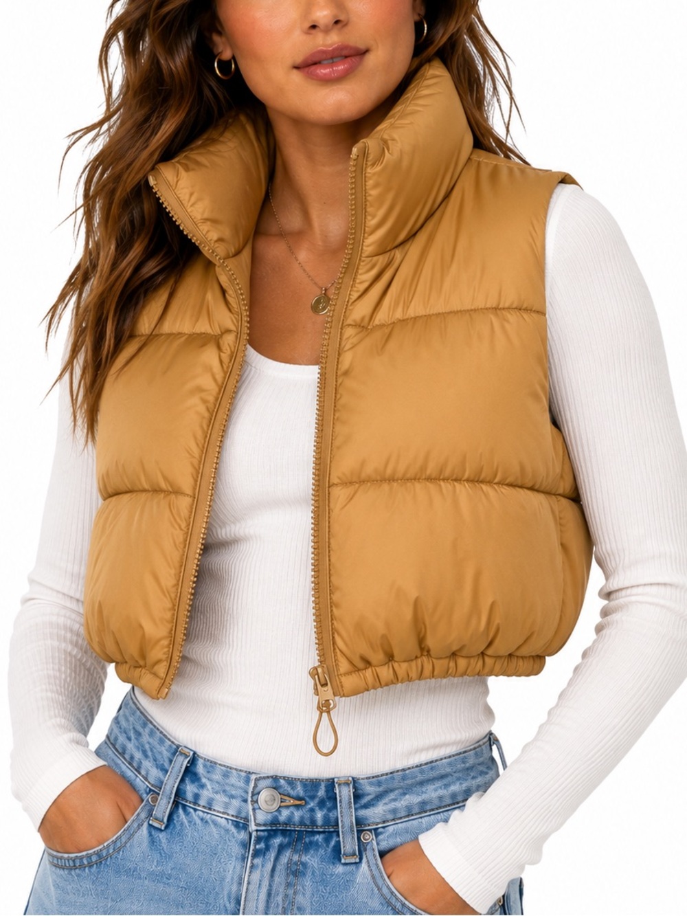 Fuinloth Cropped Puffer Vest Camel Tan High Neck Zip Front Women’s Medium